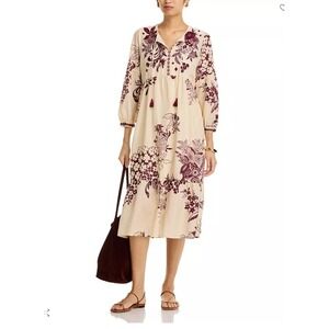 Johnny Was Aquijio Tiered Bishop Sleeve Floral Silk Cotton Midi Dress Small NEW